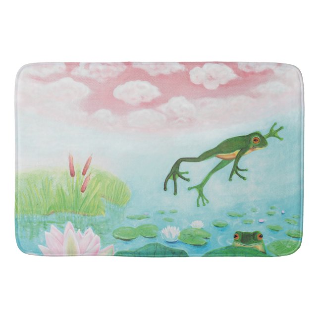 Ein Frosch springt in die Teichillustration Badematte (Vorderseite)