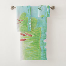 Ein Frosch springt in die Teichillustration Badhandtuch Set