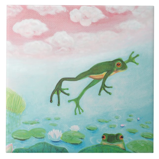 Ein Frosch springt in die Teichillustration Fliese (Vorderseite)