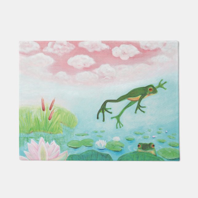 Ein Frosch springt in die Teichillustration Fußmatte (Vorderseite)