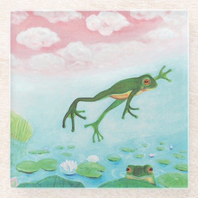 Ein Frosch springt in die Teichillustration Glasuntersetzer (Vorderseite)