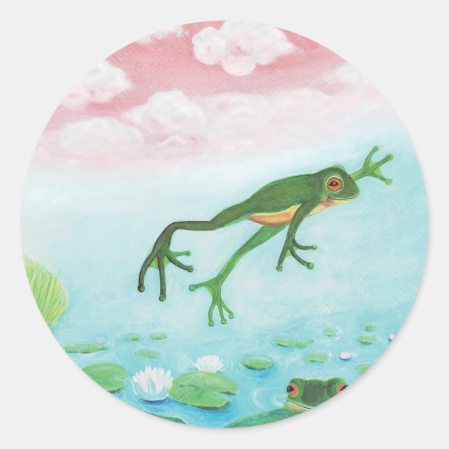 Ein Frosch springt in die Teichillustration Runder Aufkleber (Vorderseite)