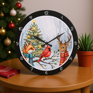 Ein Fuchs, Hirsch und Kardinal Weihnachten Große Wanduhr