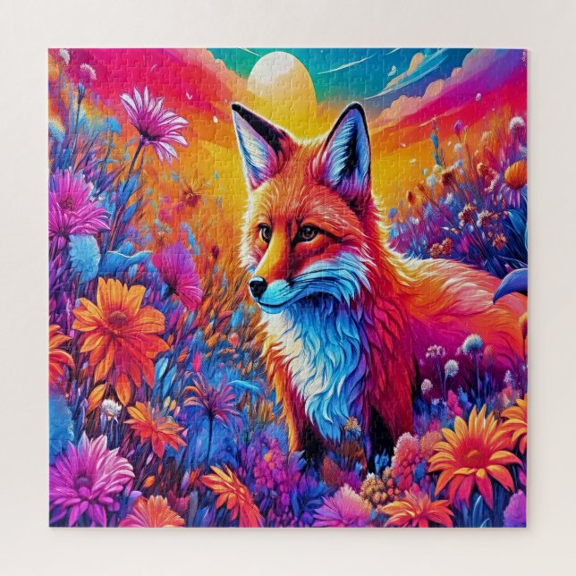 Ein Fuchs in einem farbenfrohen Feld von Blume. (Vertikal)