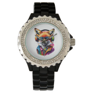 Ein Fuchs in Kopfhörern und Brillen Armbanduhr