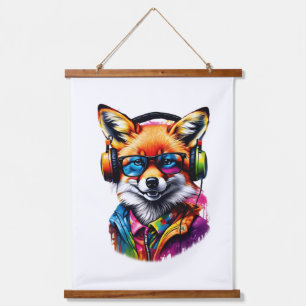 Ein Fuchs in Kopfhörern und Brillen Wandteppich Mit Holzrahmen
