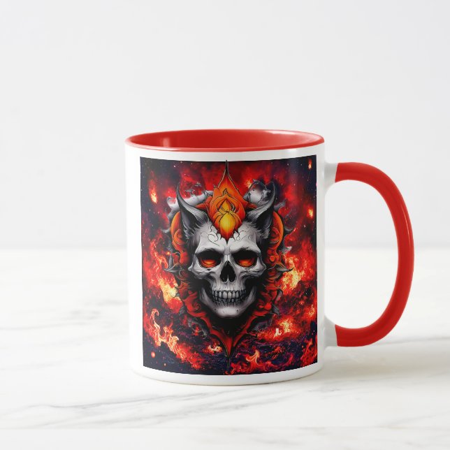 Ein furchtbarer, stilvoller Schädel mit Flammen. Tasse (Rechts)