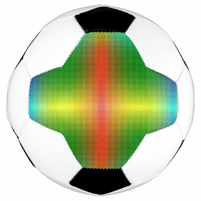 Ein Fußball hat ein farbenfrohes geometrisches Mus (Vorderseite)