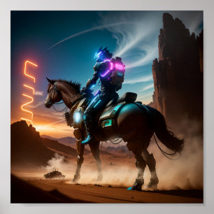 Ein futuristischer Mann reitet ein Pferd in der Wü Poster