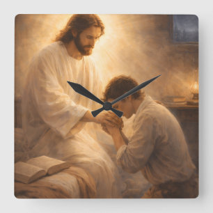 Ein Gebet auf Knien mit Jesus Quadratische Wanduhr