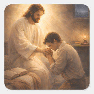 Ein Gebet auf Knien mit Jesus Quadratischer Aufkleber