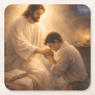 Ein Gebet auf Knien mit Jesus Rechteckiger Pappuntersetzer