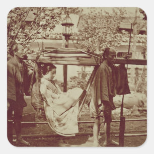 Ein Geisha, der herein einer Sänfte (Sepia-, Quadratischer Aufkleber
