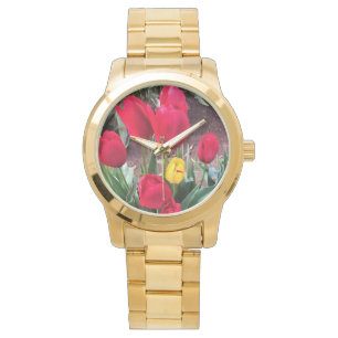 Ein Gelb mit roten Tulissen Armbanduhr
