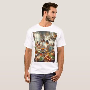 ein Gemälde einer Familie, die in einer Küche koch T-Shirt