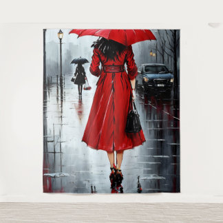 ein Gemälde einer Frau, die im Regen spaziert Wandteppich