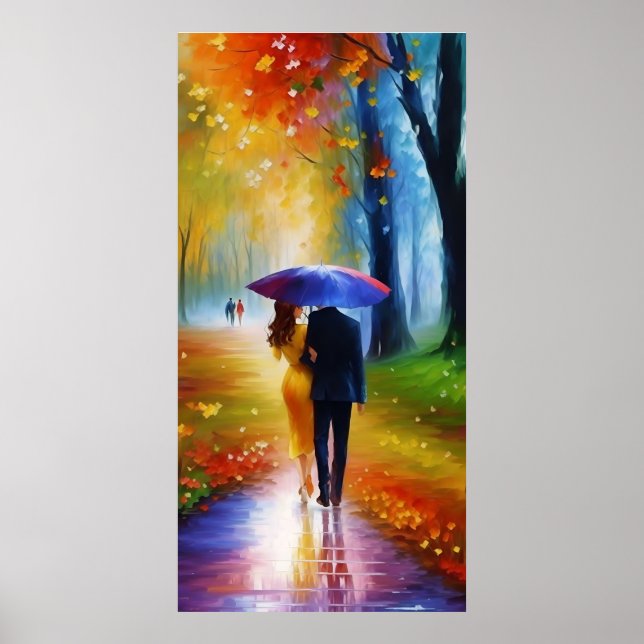 ein Gemälde eines im Regen spazierenden Paares Poster (Vorne)