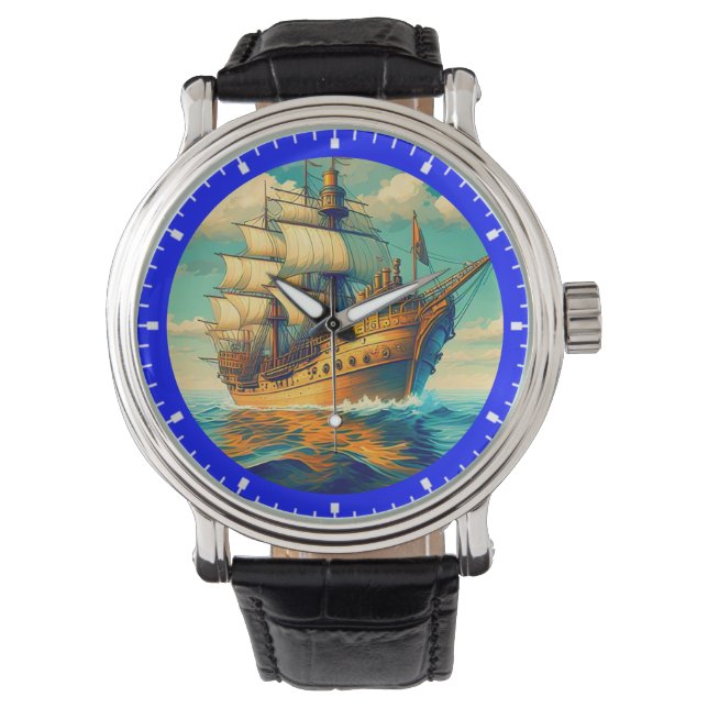 Ein Gemälde eines Schiffes mit den Segeln ab 56350 Armbanduhr (Vorderseite)