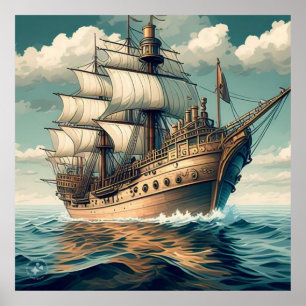 Ein Gemälde eines Schiffes mit den Segeln ab 56350 Poster