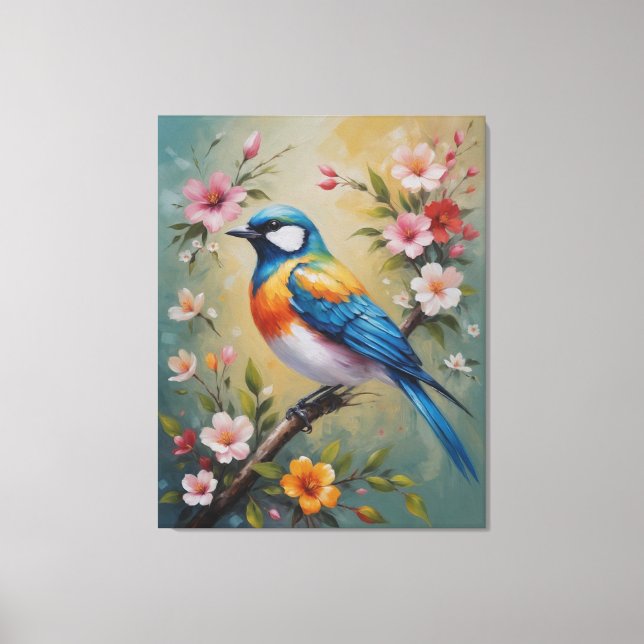 ein Gemälde eines Vogels auf einem Ast mit Blume Leinwanddruck (Vorderseite)