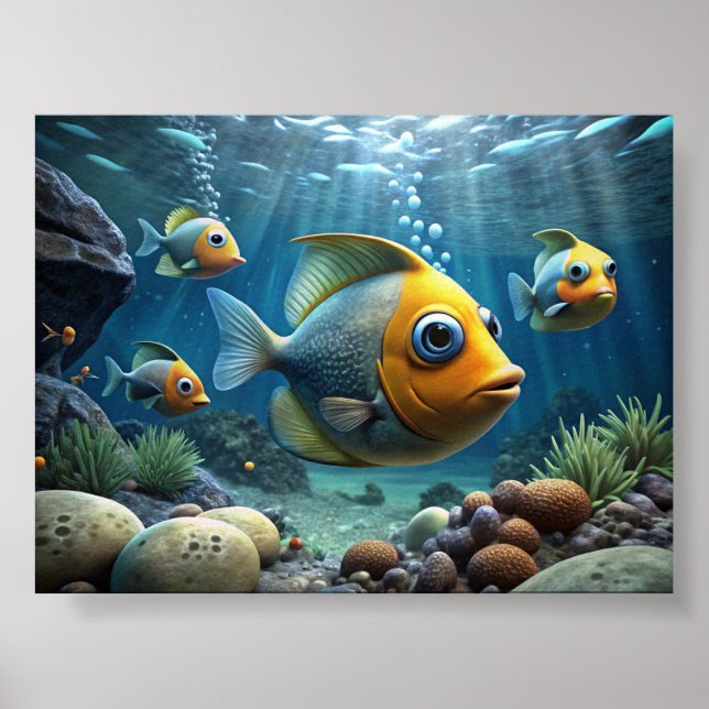 Ein Gemälde von Fischen am Ufer des Flusses Poster (Vorne)