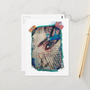 Ein Gesicht und Worte abstrakt Mixed-Media-Collage Postkarte