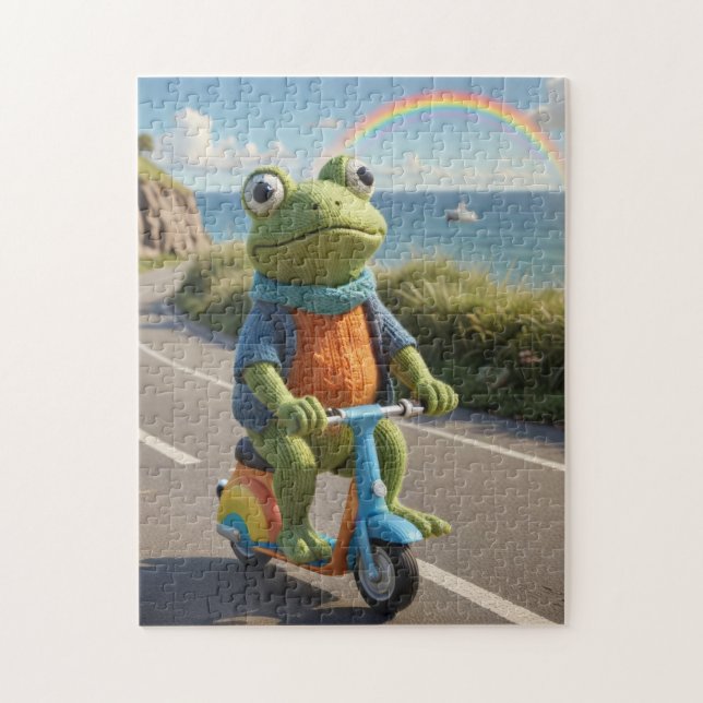 Ein gestricktes Fröschchen fährt Roller (Vertikal)