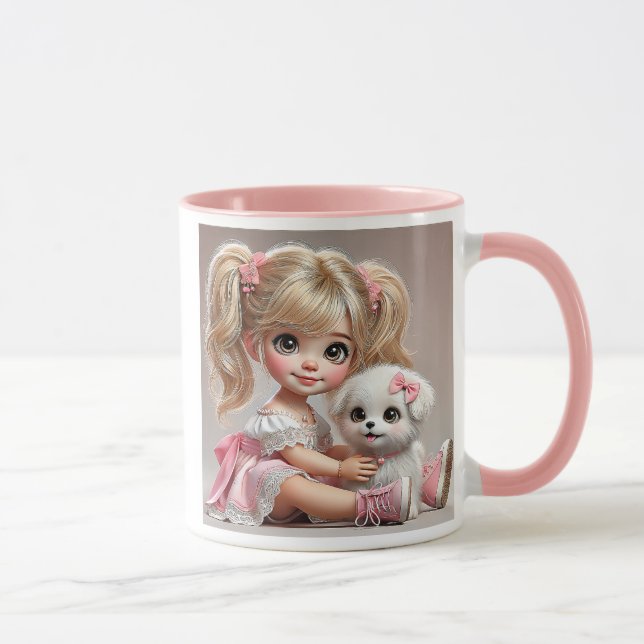 Ein glänzendes Mädchen und ihr süßes Hündchen. Tasse (Rechts)