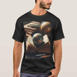 ein Globus auf einem Stapel Bücher mit Bleistiften T-Shirt
