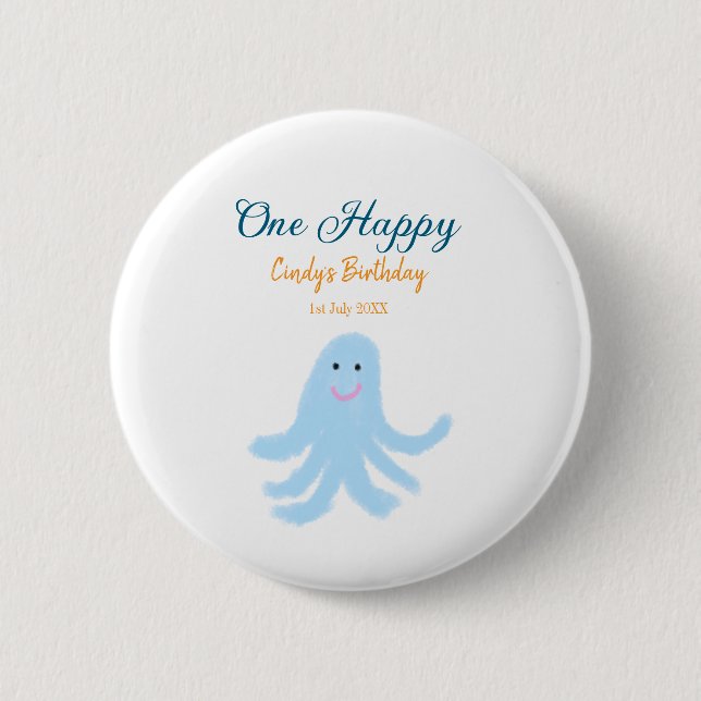Ein glücklicher blauer Oktopus unter dem Meeresgeb Button (Vorderseite)