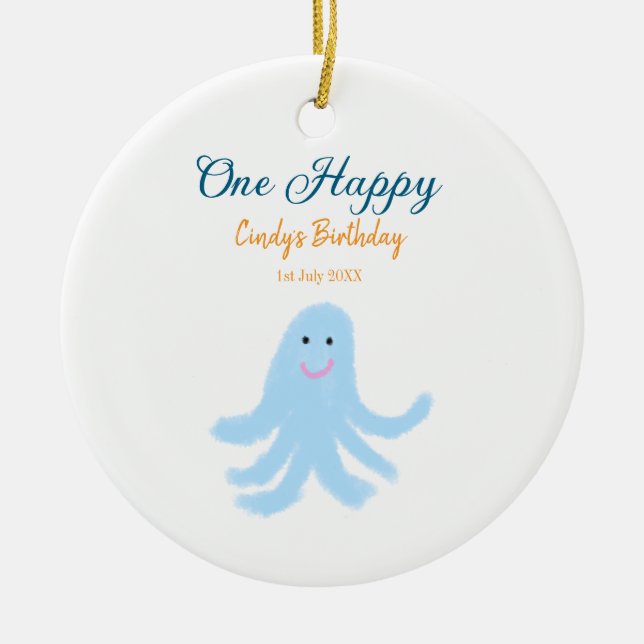 Ein glücklicher blauer Oktopus unter dem Meeresgeb Keramik Ornament (Vorne)
