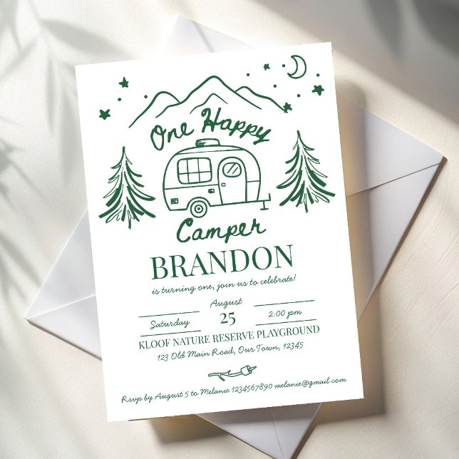 Ein glücklicher Camper grüne handgezeichnete Gebur (One happy camper green hand drawn birthday party invitation cards template)