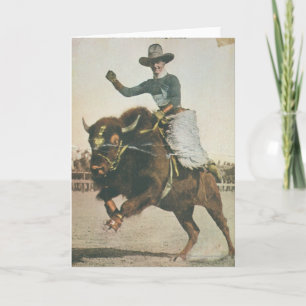 Ein glücklicher Cowboy auf einem Bucking Buffalo. Karte