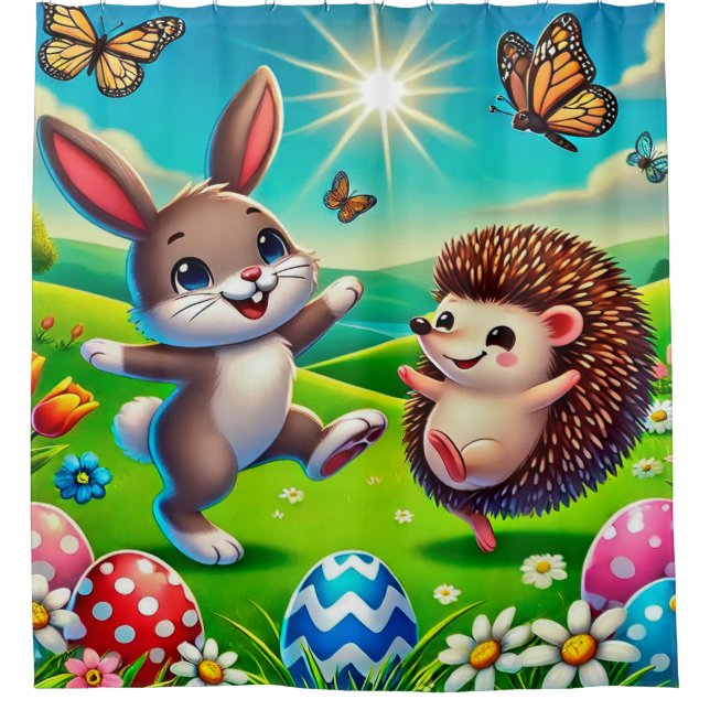 Ein glücklicher Hase und Igel Duschvorhang (Vorderseite)