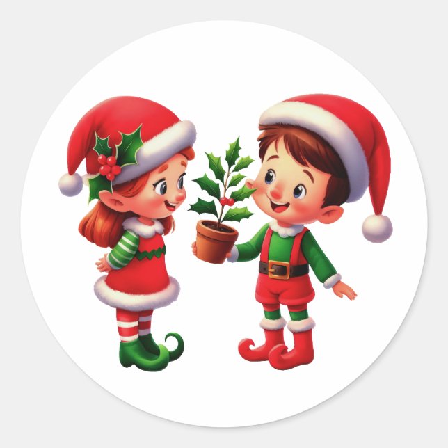 Ein glücklicher Junge und ein Mädchen Weihnachtsel Runder Aufkleber (Vorderseite)
