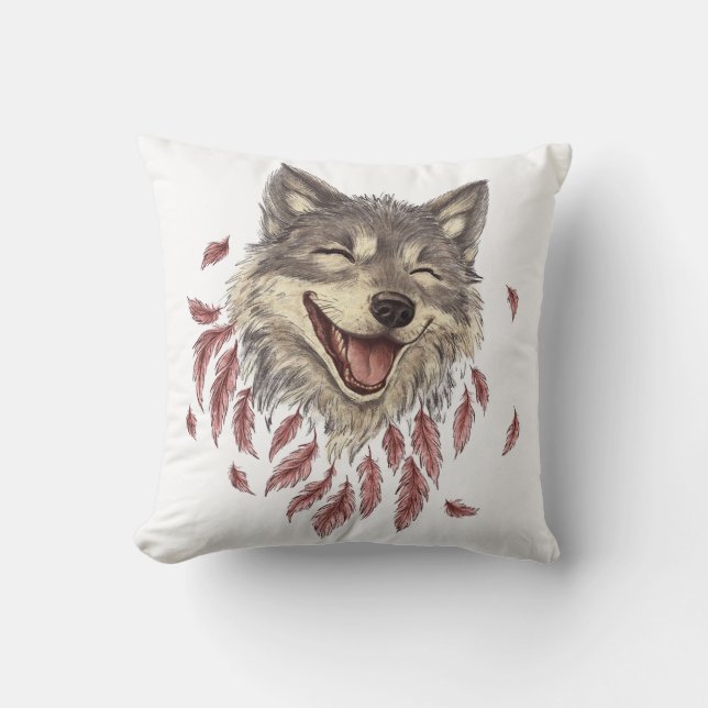 Ein glücklicher lächelnder Wolf in Federn Kissen (Vorderseite)