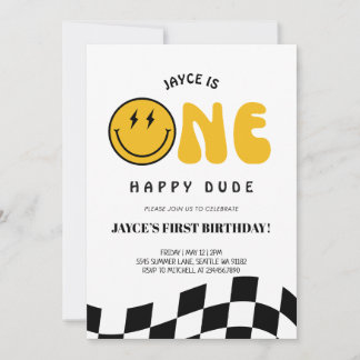 Ein glücklicher Typ 1. Geburtstag Checkered Einlad Einladung