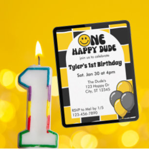 Ein glücklicher Typ, Schwarz & Gelb 1. Geburtstag Einladung