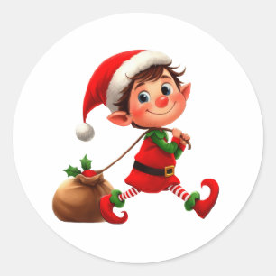Ein glücklicher Weihnachtself, der eine Tüte Spiel Runder Aufkleber