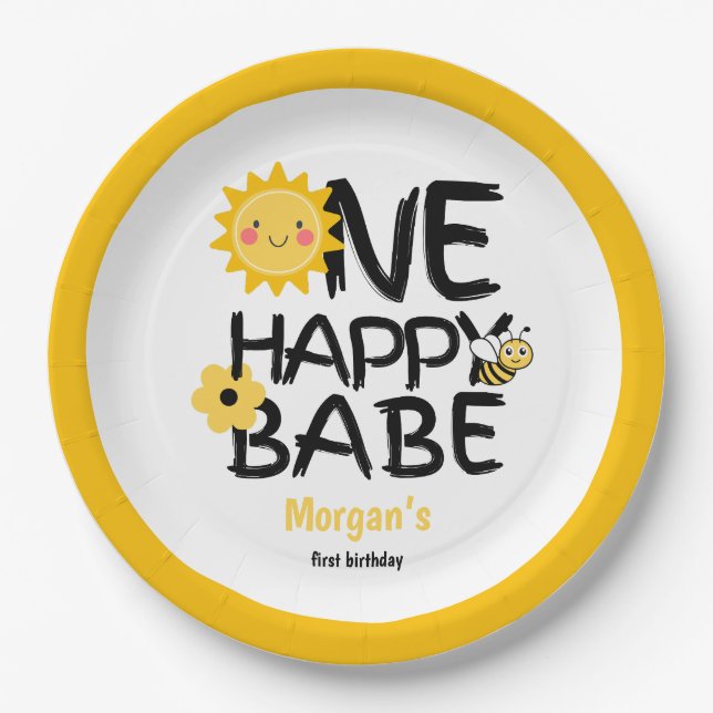 Ein glückliches Babe Yellow Sunny Bee Girls 1. Geb Pappteller (Vorderseite)