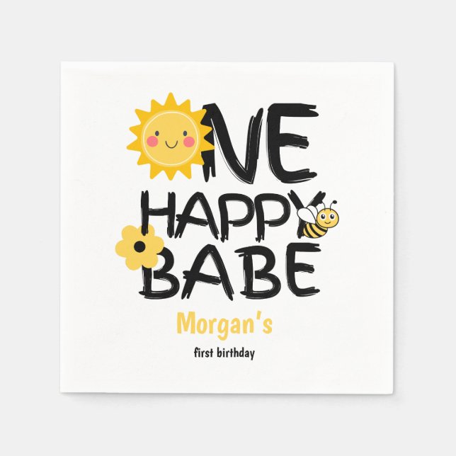 Ein glückliches Babe Yellow Sunny Bee Girls 1. Geb Serviette (Vorderseite)