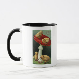 Ein glückliches EasterChicks auf rotem Pilz Tasse