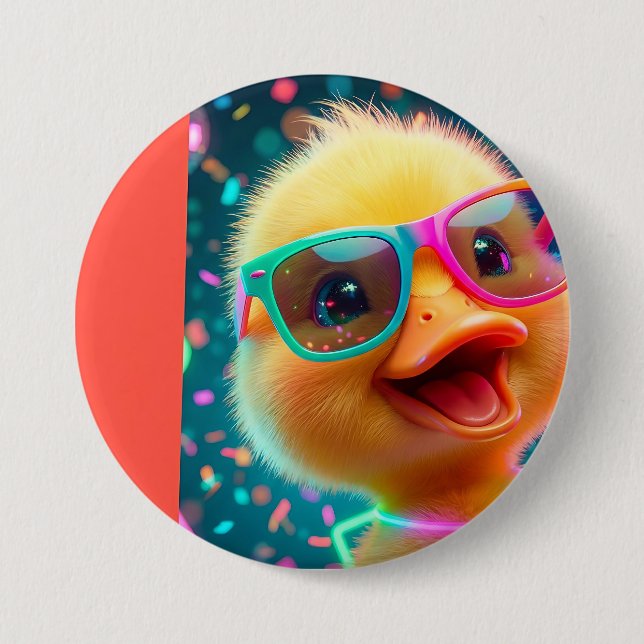 Ein glückliches, flauschiges, gelbes Entlein, das  Button (Vorderseite)