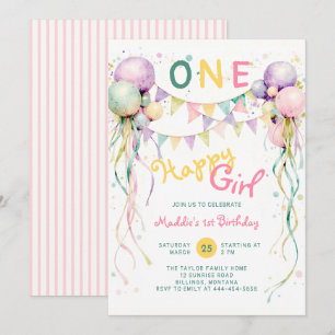 Ein glückliches Mädchen Mint Rosa Luftballons 1. G Einladung