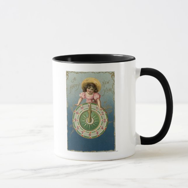 Ein glückliches neues JahrMädchen auf einer Uhr Tasse (Rechts)