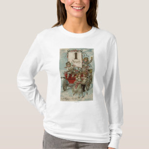Ein glückliches neues YearKids um einen roten T-Shirt