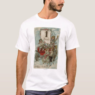 Ein glückliches neues YearKids um einen roten T-Shirt