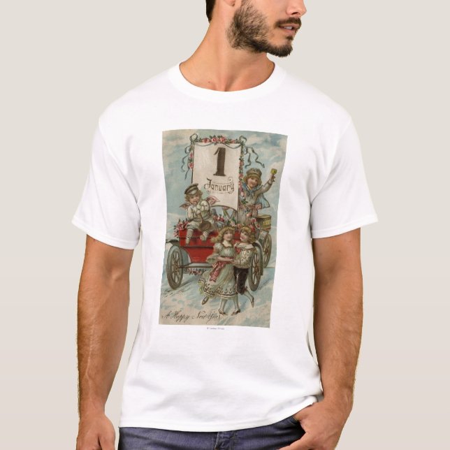 Ein glückliches neues YearKids um einen roten T-Shirt (Vorderseite)