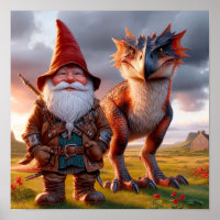 Ein Gnome-Krieger, der mit seinem Drachen posiert