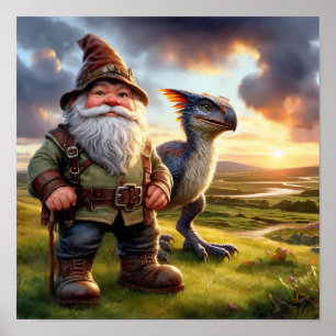 Ein Gnome-Krieger mit seinem Drachen Poster